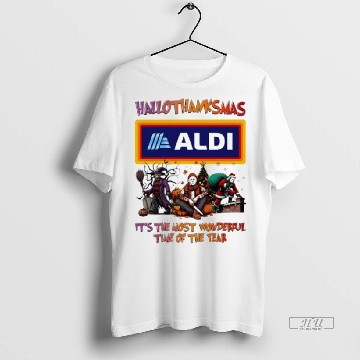 Officials Trending Hallothanksmas Characters Vs Aldi - Adult & Kids T-Shirts, Sweatshirts & Hoodies apparel design preview 1