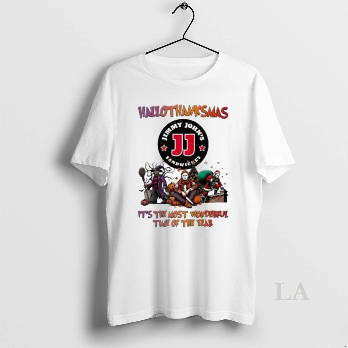 Original 2025 Jimmy Johns Logo Hallothanksmas Horror - Adult & Kids T-Shirts, Sweatshirts & Hoodies apparel design preview 1