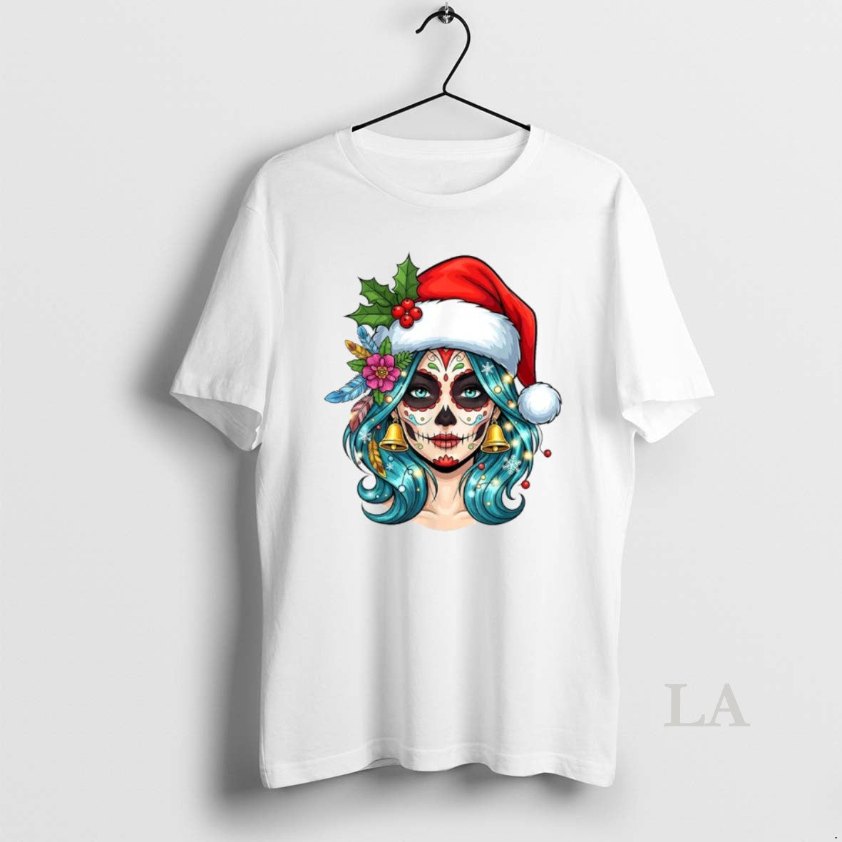Original Christmas Sugar Skull Art Woman Santa Hat - Adult & Kids T-Shirts, Sweatshirts & Hoodies apparel design preview 1