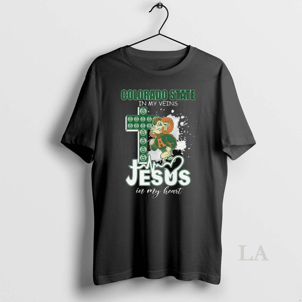 Original Colorado State Rams In My Veins Jesus Heart - Adult & Kids T-Shirts, Sweatshirts & Hoodies apparel design preview 1