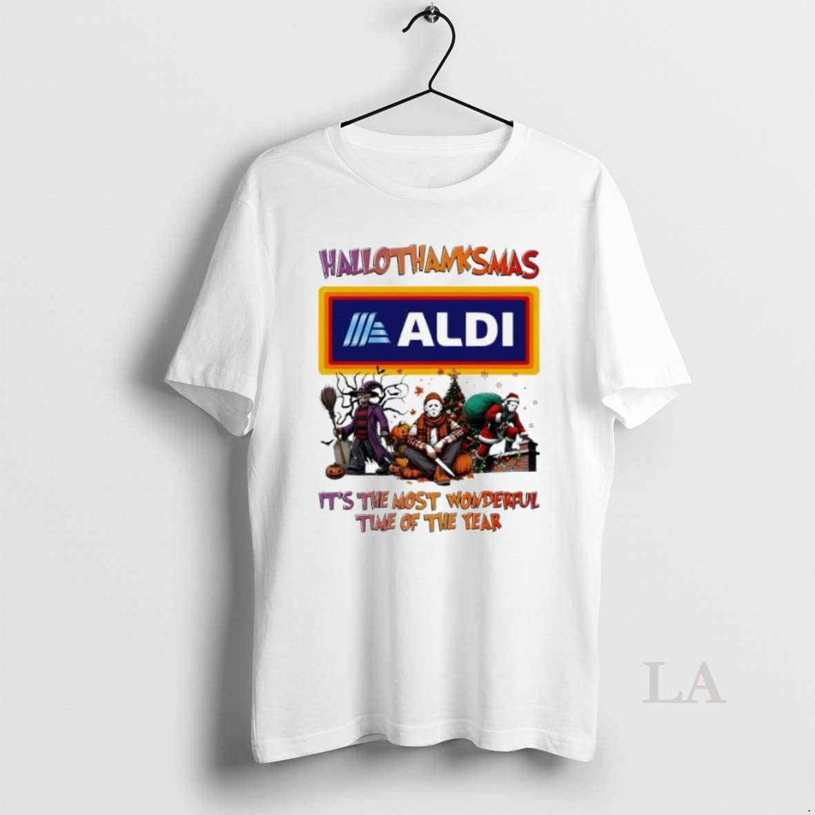 Original Hallothanksmas Characters Vs Aldi Logo Its - Adult & Kids T-Shirts, Sweatshirts & Hoodies apparel design preview 1