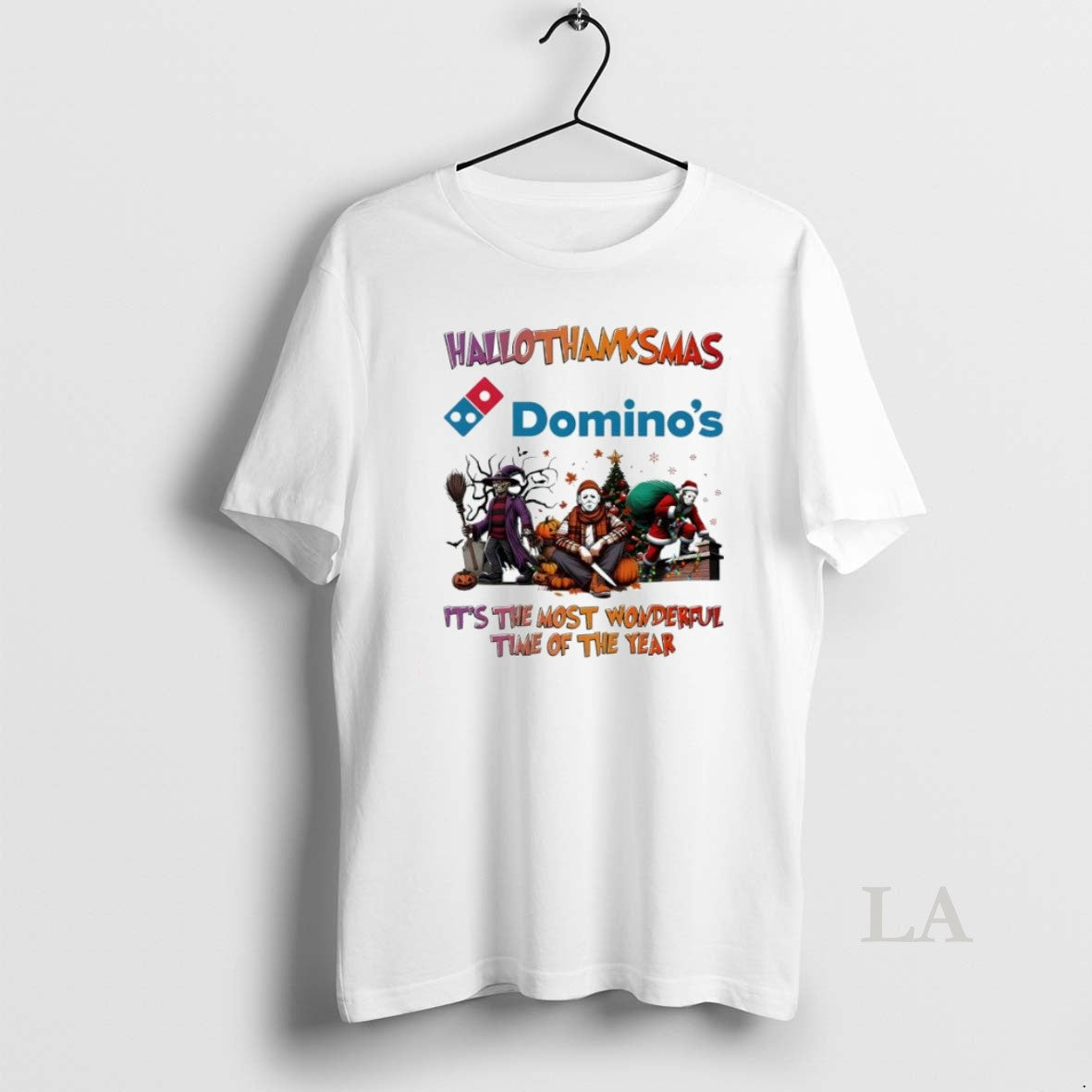 Original Hallothanksmas Characters Vs Dominos Pizza - Adult & Kids T-Shirts, Sweatshirts & Hoodies apparel design preview 1