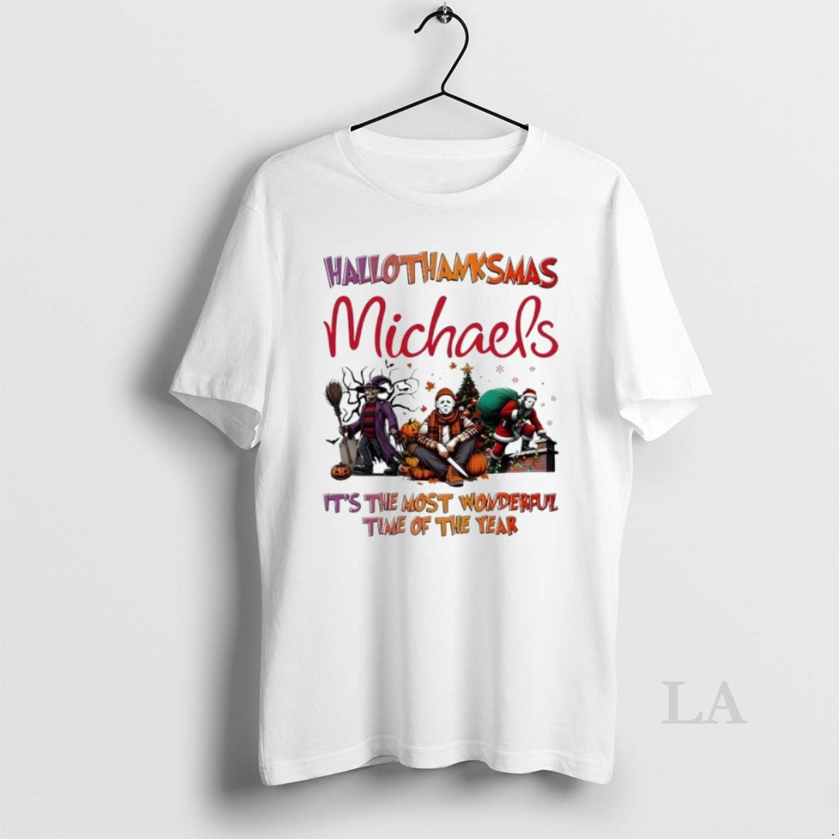 Original Hallothanksmas Characters Vs Michaels Logo - Adult & Kids T-Shirts, Sweatshirts & Hoodies apparel design preview 1