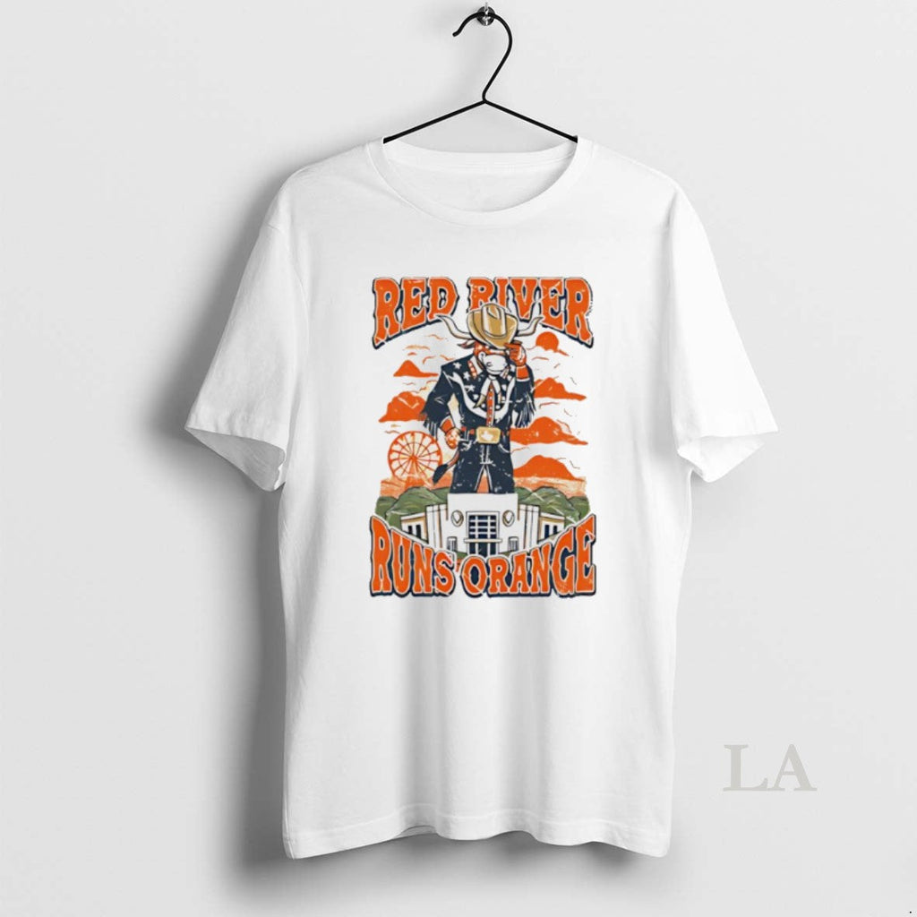 Original Texas Longhorns Red River Runs Orange Mascot - Adult & Kids T-Shirts, Sweatshirts & Hoodies apparel design preview 1