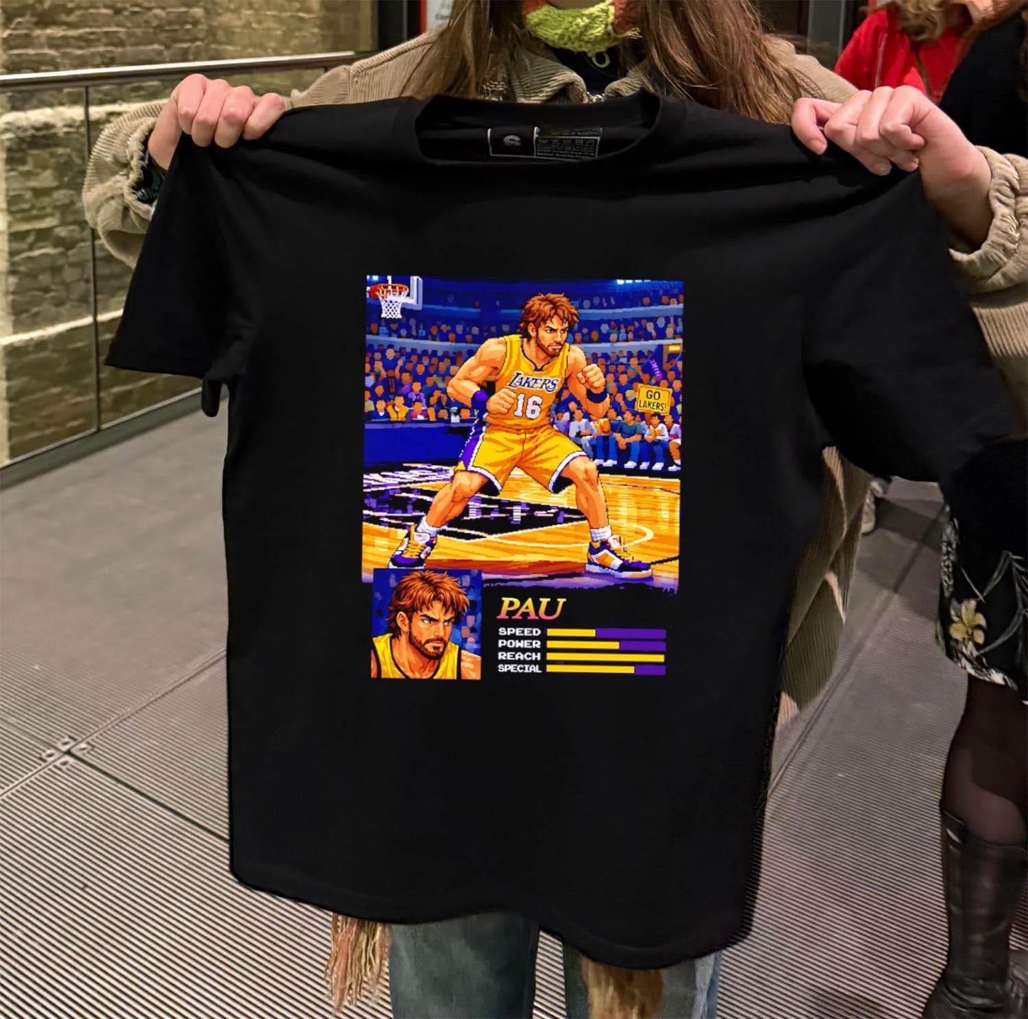 Pau Gasol 16 Los Angeles Lakers pixel art fighting - Adult & Kids T-Shirts, Sweatshirts & Hoodies apparel design preview 2
