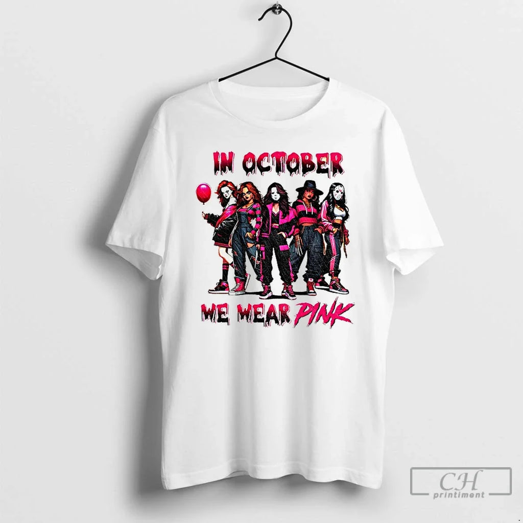 Pink Slasher Movie Characters In October We Wear - Adult & Kids T-Shirts, Sweatshirts & Hoodies apparel design preview 1