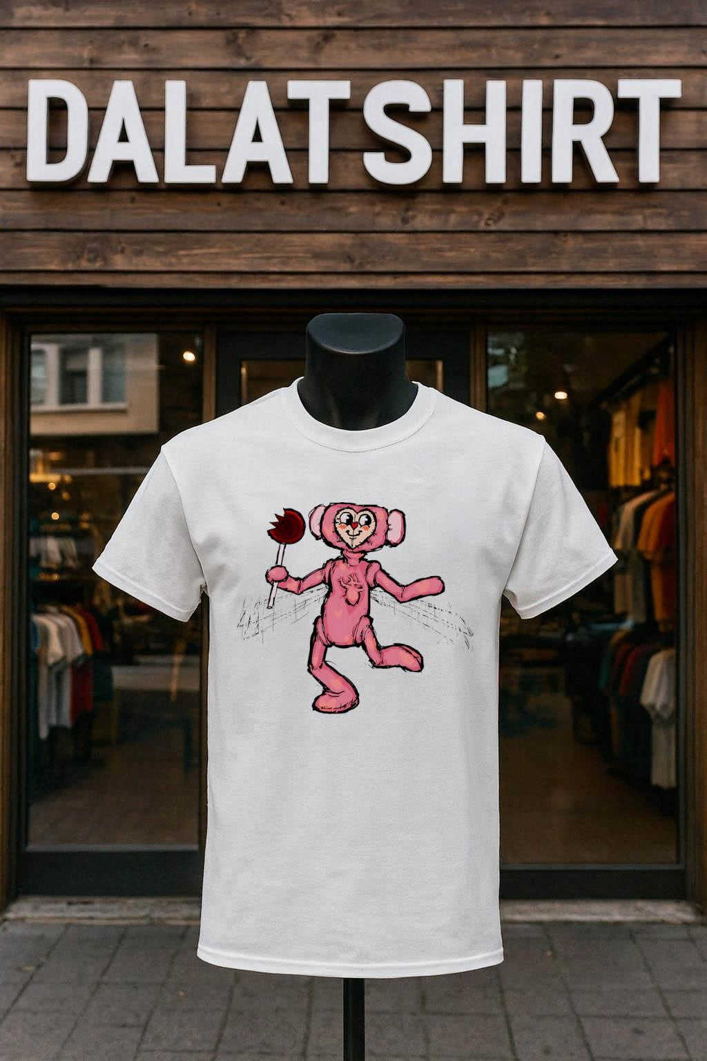 Pink heart face character holding a bitten red - Adult & Kids T-Shirts, Sweatshirts & Hoodies apparel design preview 1
