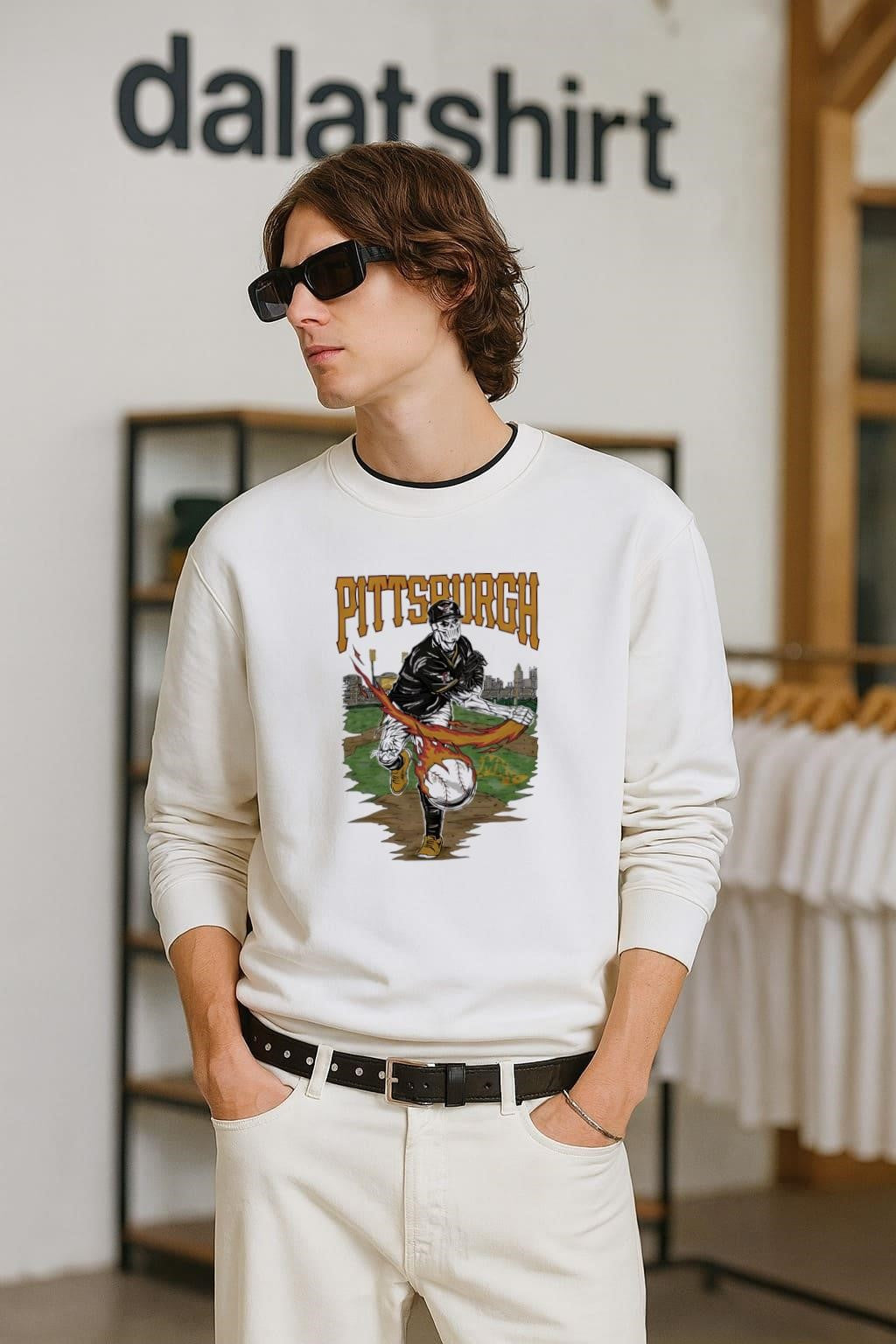 Pittsburgh Pirates Skeleton Pitcher Flaming Baseball - Adult & Kids T-Shirts, Sweatshirts & Hoodies apparel design preview 2
