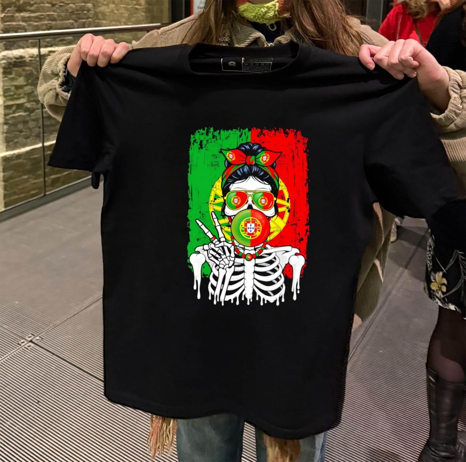 Portugal Flag Skull Messy Bun Sunglasses Peace Sign - Adult & Kids T-Shirts, Sweatshirts & Hoodies apparel design preview 2