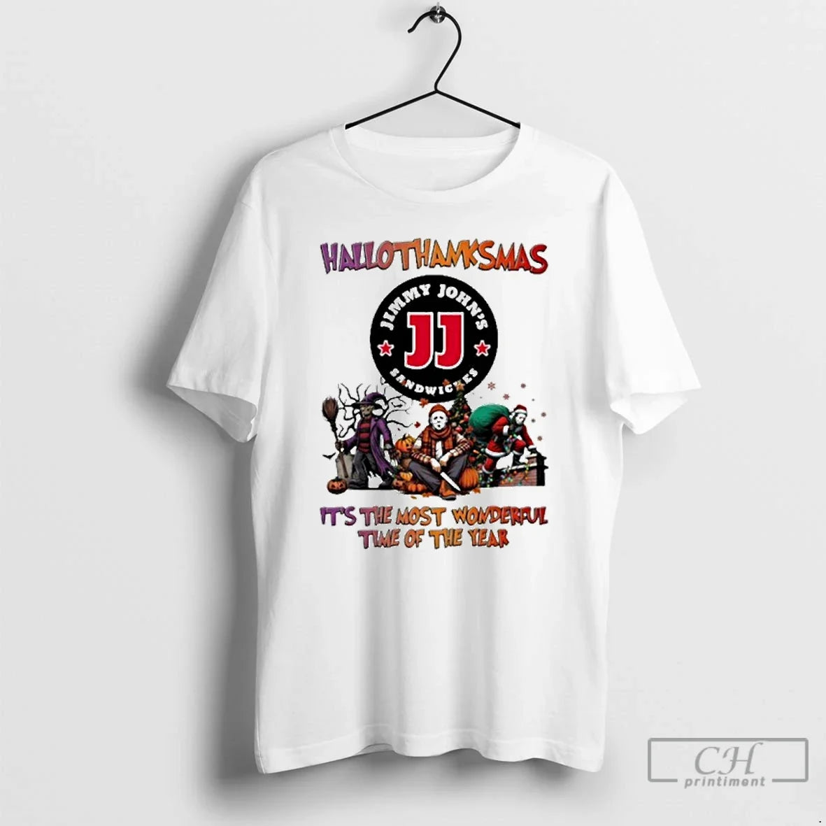 Premium 2025 Jimmy Johns Logo Hallothanksmas Horror - Adult & Kids T-Shirts, Sweatshirts & Hoodies apparel design preview 1