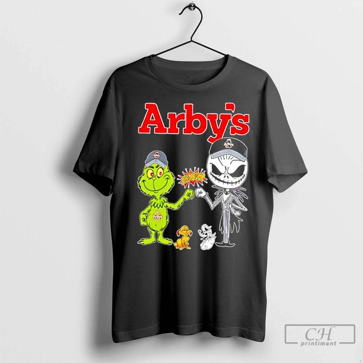 Premium Arbys X Grinch And Jack Skellington Fist Bump - Adult & Kids T-Shirts, Sweatshirts & Hoodies apparel design preview 1