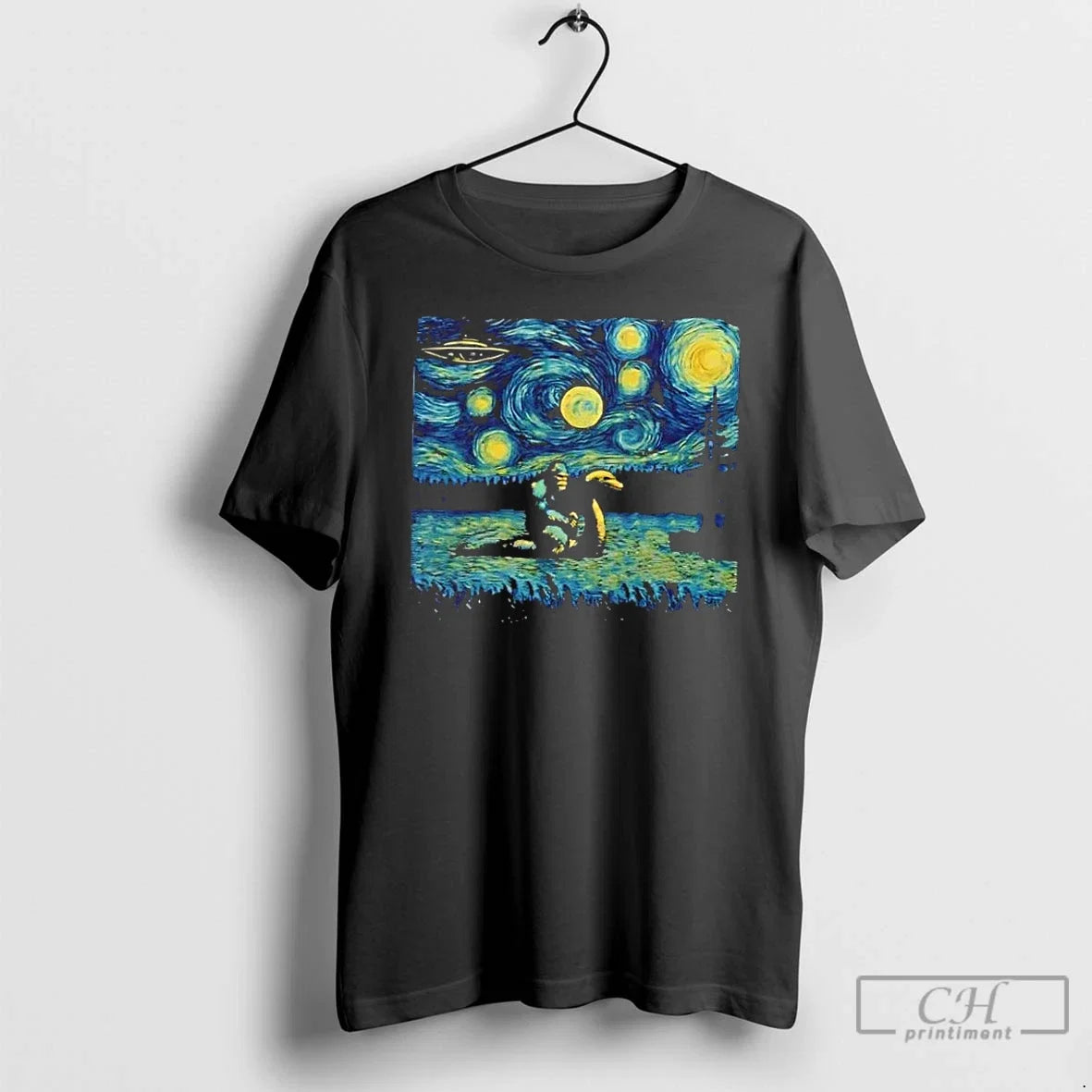 Premium Bigfoot Riding Nessie Hilarious Starry Night - Adult & Kids T-Shirts, Sweatshirts & Hoodies apparel design preview 1