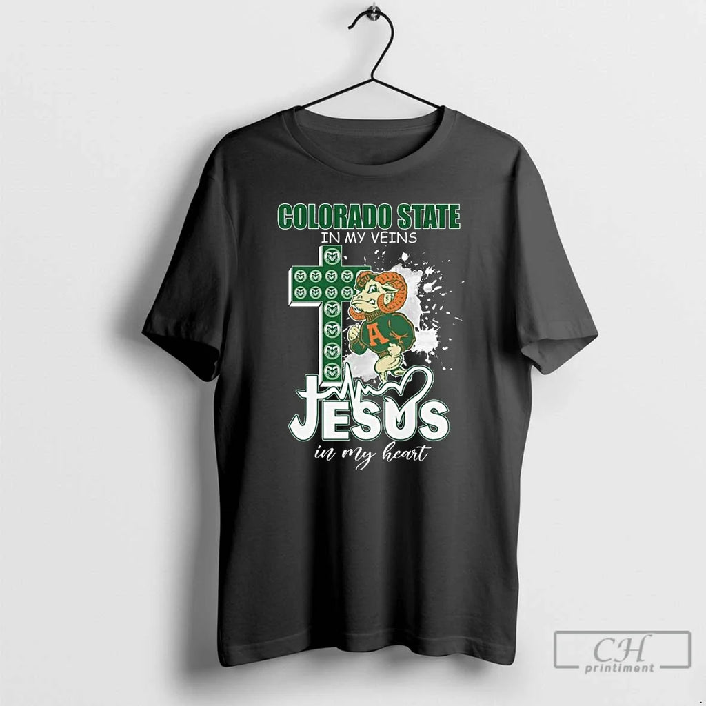 Premium Colorado State Rams In My Veins Jesus Heart - Adult & Kids T-Shirts, Sweatshirts & Hoodies apparel design preview 1