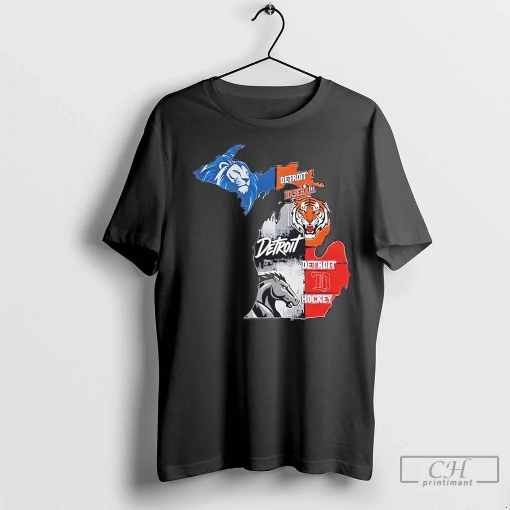 Premium Detroit Map Sports Fan Lions Tigers Pistons - Adult & Kids T-Shirts, Sweatshirts & Hoodies apparel design preview 1