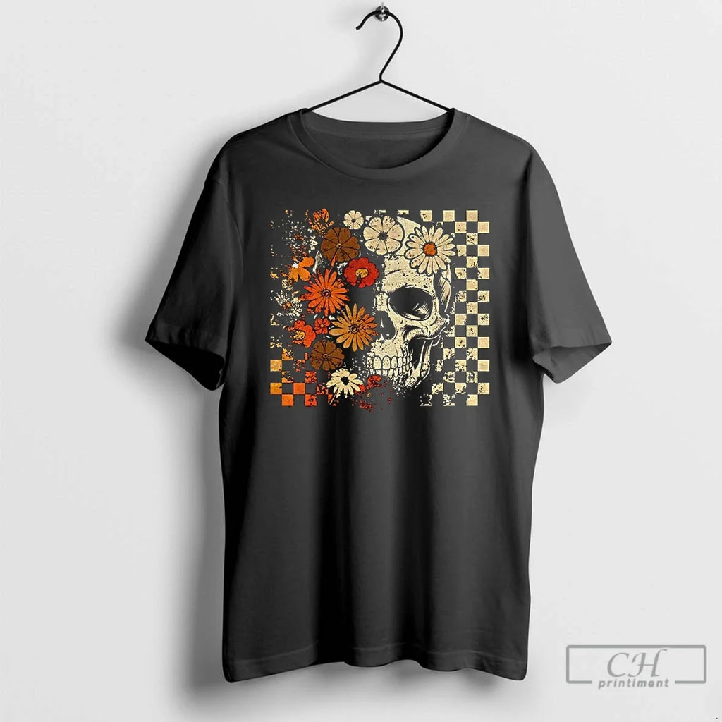 Premium Funny Skull Checkered Skeleton Floral Spooky - Adult & Kids T-Shirts, Sweatshirts & Hoodies apparel design preview 1