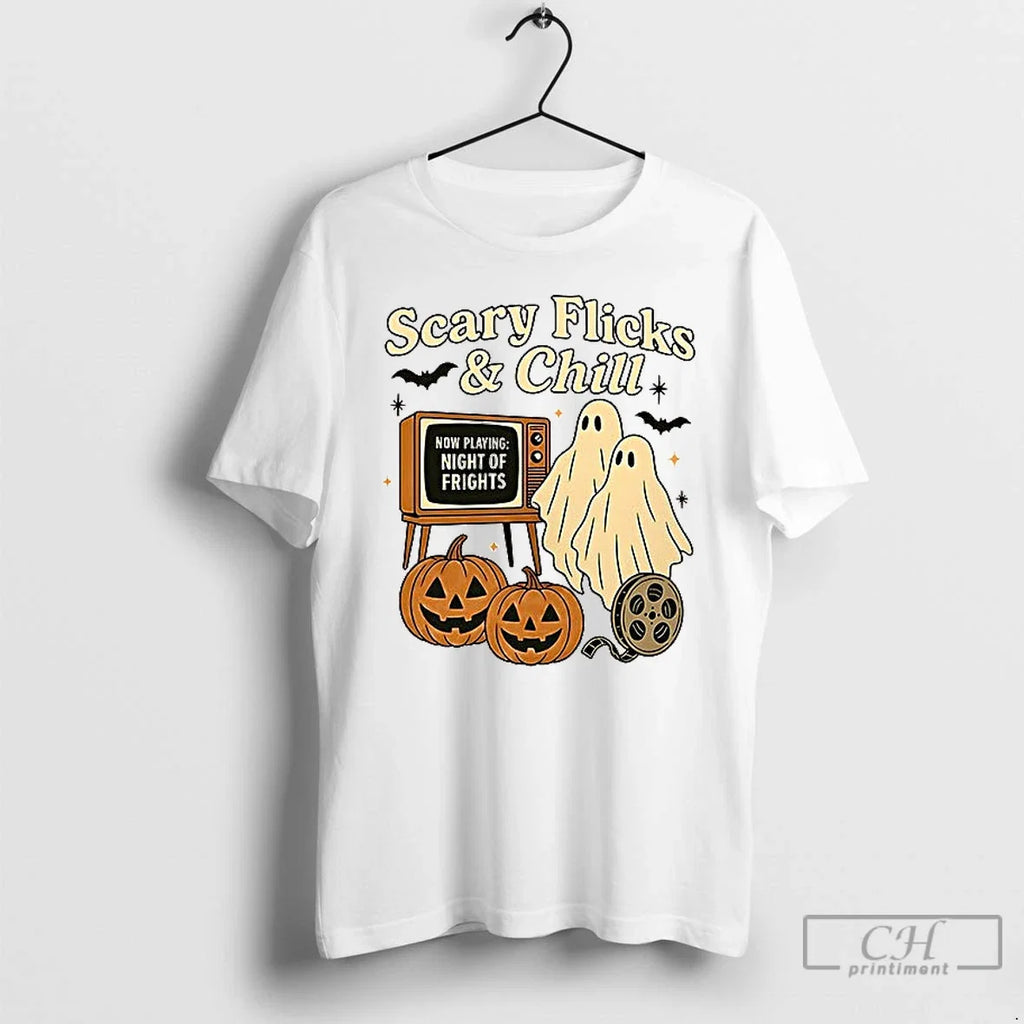 Premium Ghost Scary Flicks And Chill Halloween - Adult & Kids T-Shirts, Sweatshirts & Hoodies apparel design preview 1