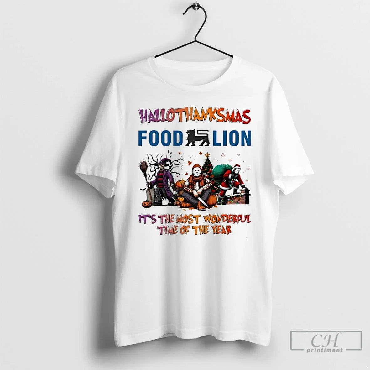Premium Hallothanksmas Characters Vs Food Lion Its - Adult & Kids T-Shirts, Sweatshirts & Hoodies apparel design preview 1