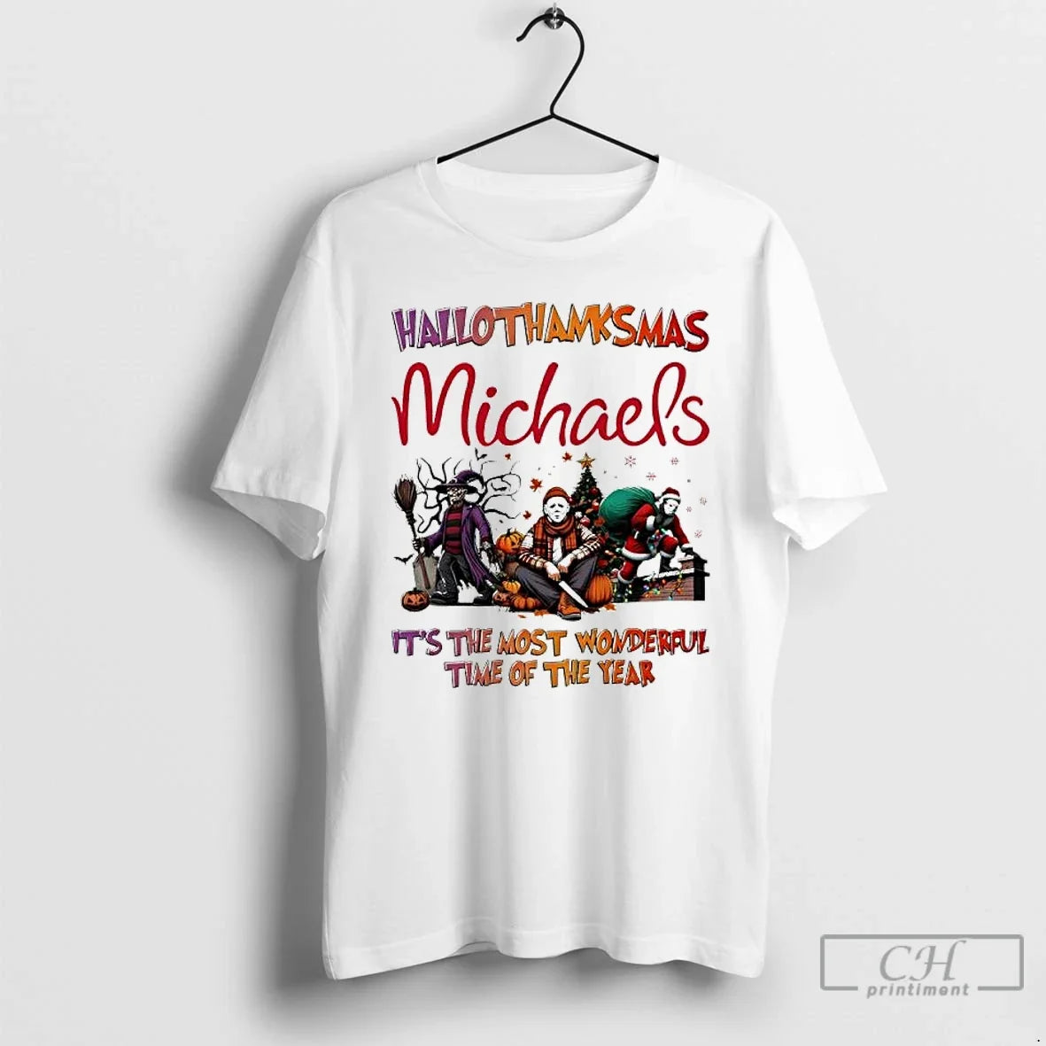 Premium Hallothanksmas Characters Vs Michaels Logo - Adult & Kids T-Shirts, Sweatshirts & Hoodies apparel design preview 1