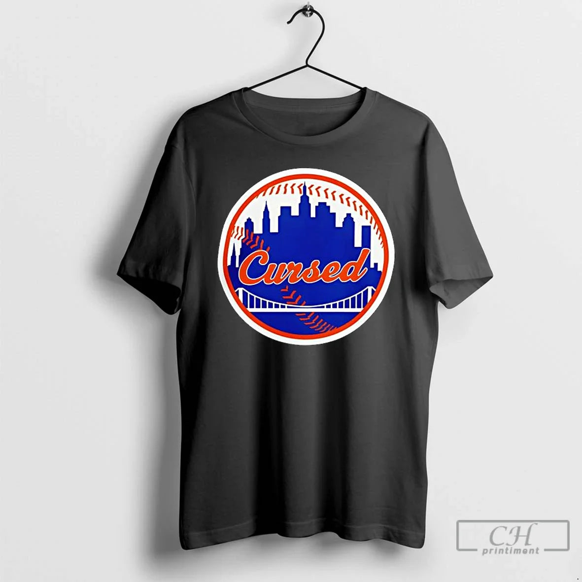 Premium New York Mets Cursed Logo Skyline Baseball - Adult & Kids T-Shirts, Sweatshirts & Hoodies apparel design preview 1