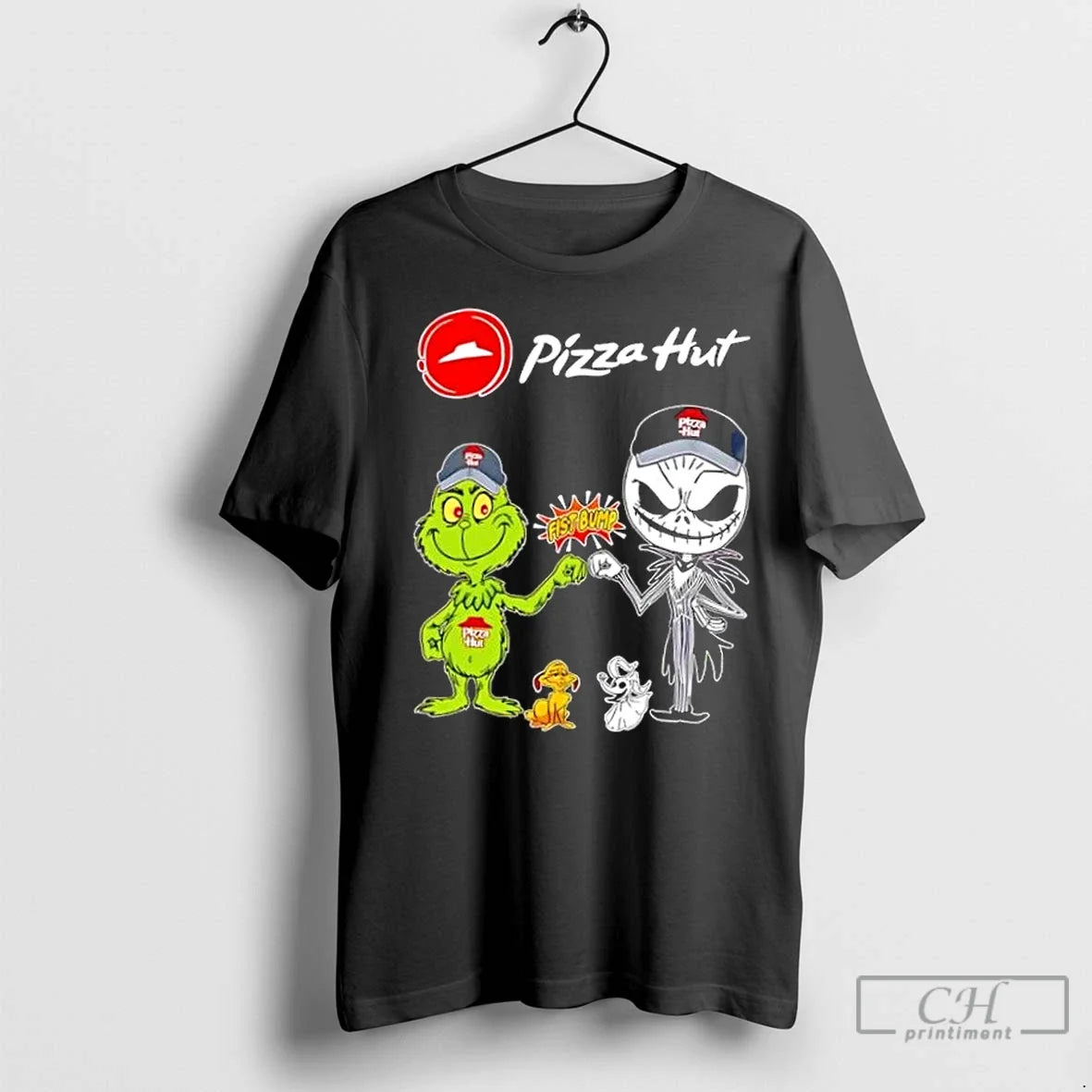 Premium Pizza Hut X Grinch And Jack Skellington Fist - Adult & Kids T-Shirts, Sweatshirts & Hoodies apparel design preview 1