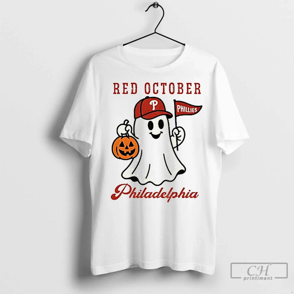 Premium Red October Halloween Ghost Phillies Baseball - Adult & Kids T-Shirts, Sweatshirts & Hoodies apparel design preview 1