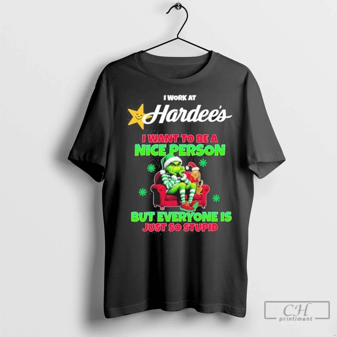 Premium Santa Grinch I Work At Hardees Logo Want To - Adult & Kids T-Shirts, Sweatshirts & Hoodies apparel design preview 1