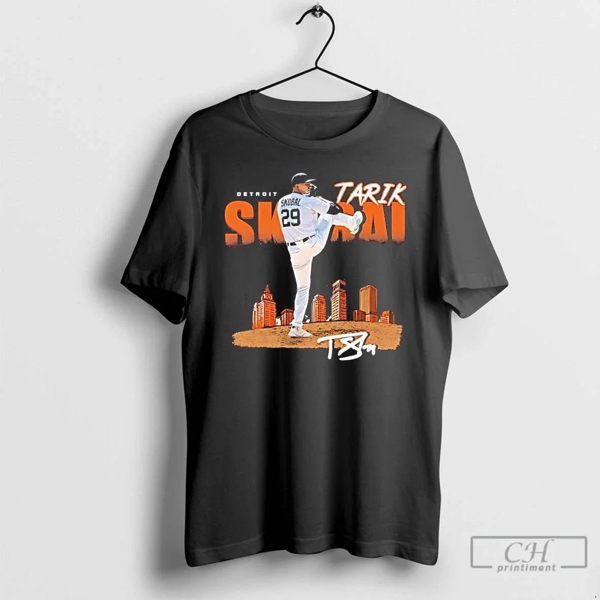 Premium Tarik Skubal Detroit Tigers Dissolve Skyline - Adult & Kids T-Shirts, Sweatshirts & Hoodies apparel design preview 1