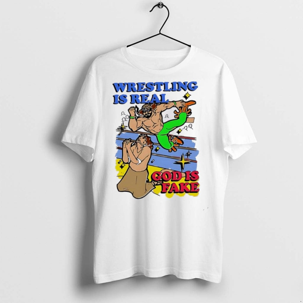 Premium Wrestling Is Real God Fake Caricature Cartoon - Adult & Kids T-Shirts, Sweatshirts & Hoodies apparel design preview 1