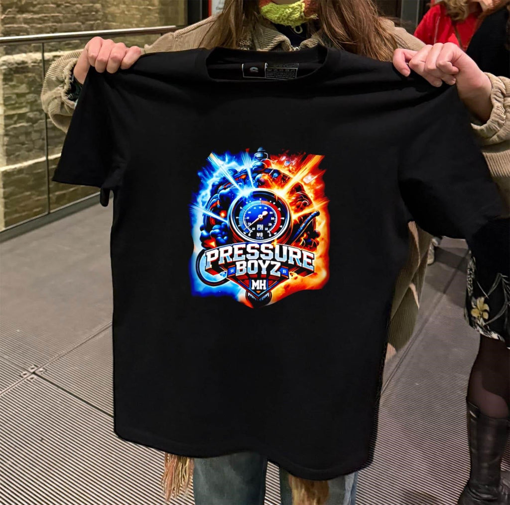 Pressure Boyz MH gauge with blue and orange fire - Adult & Kids T-Shirts, Sweatshirts & Hoodies apparel design preview 2