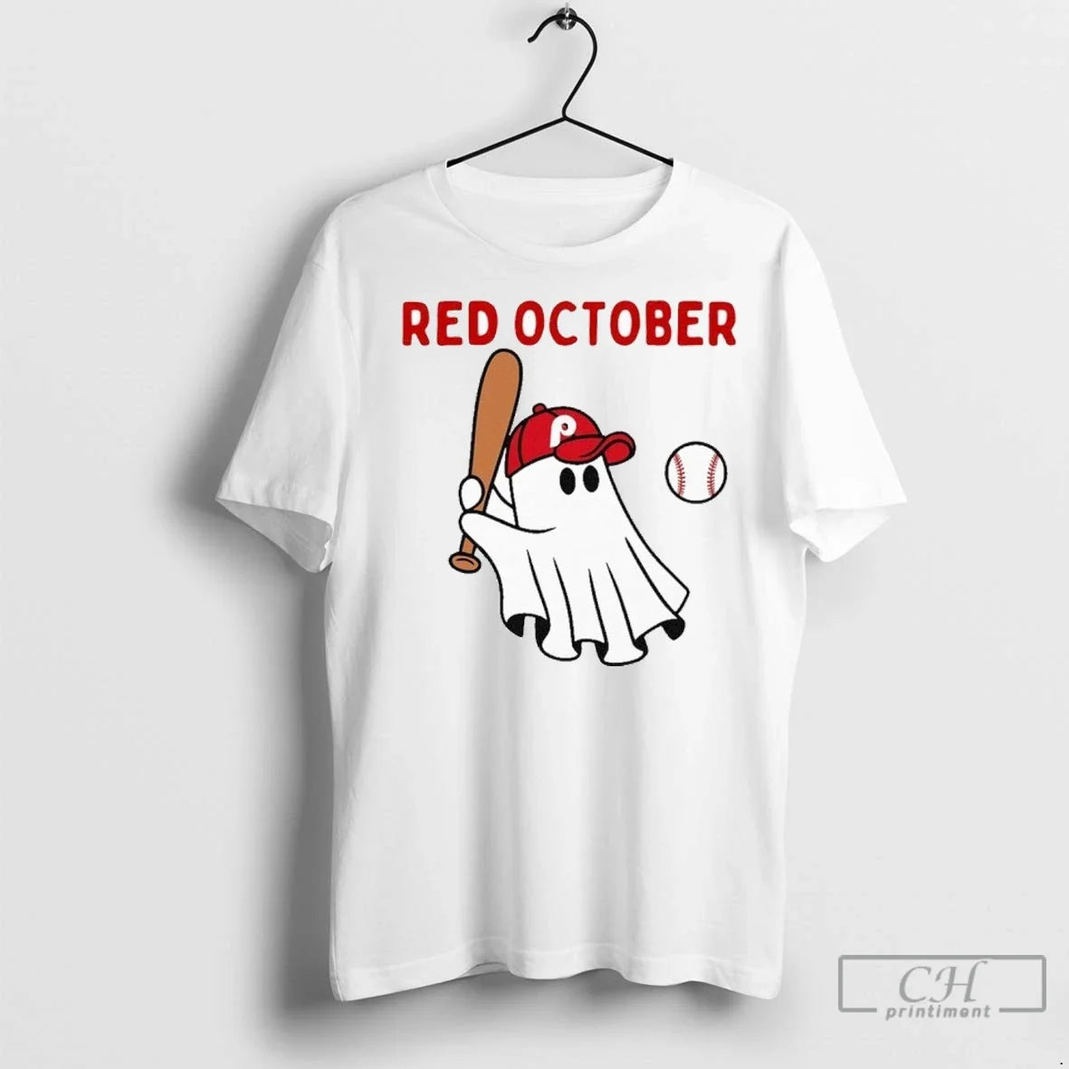 Red October Halloween Philadelphia Baseball Ghost - Adult & Kids T-Shirts, Sweatshirts & Hoodies apparel design preview 1