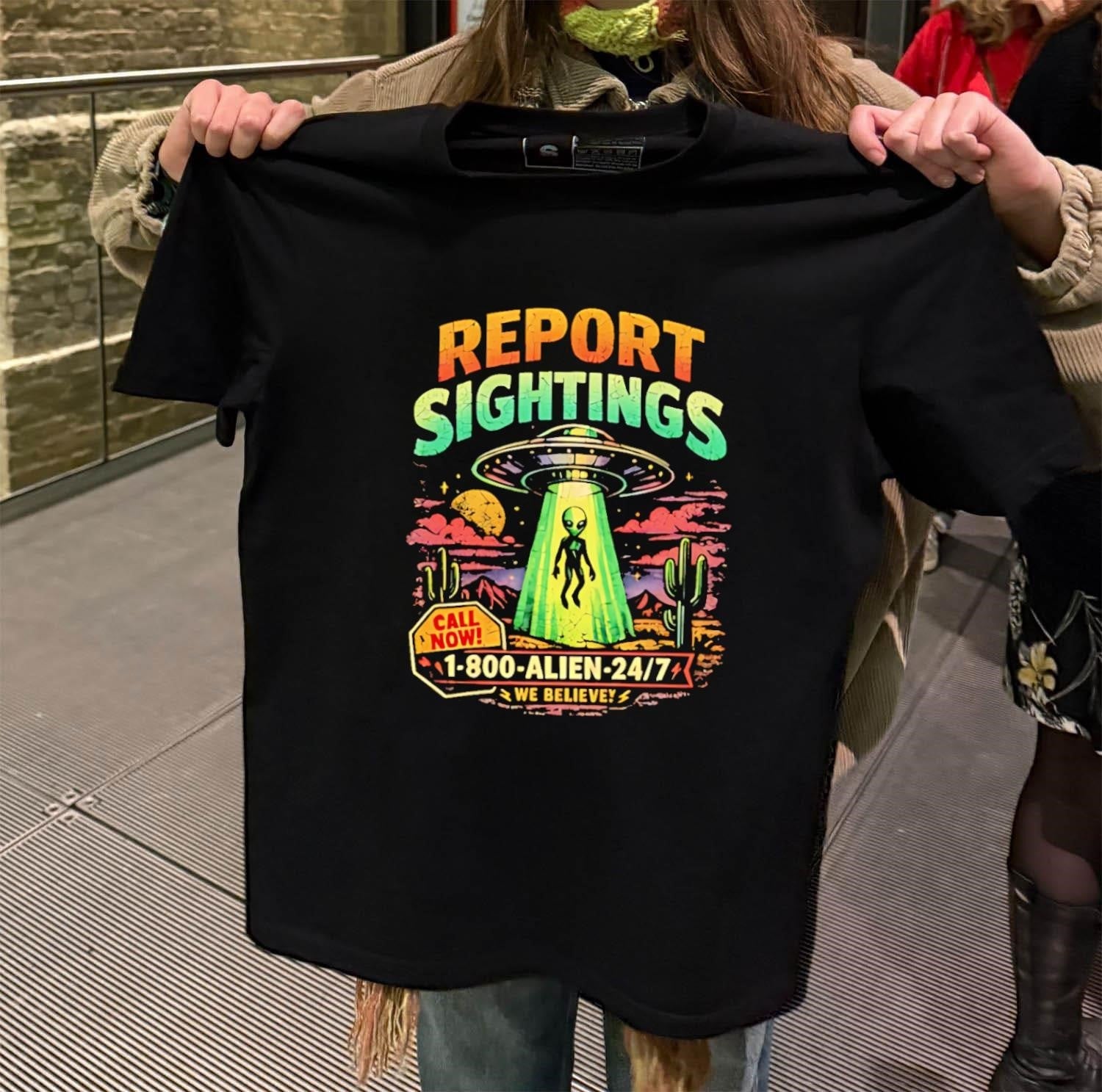 Report Sightings 1-800-ALIEN-247 UFO and alien desert - Adult & Kids T-Shirts, Sweatshirts & Hoodies apparel design preview 2