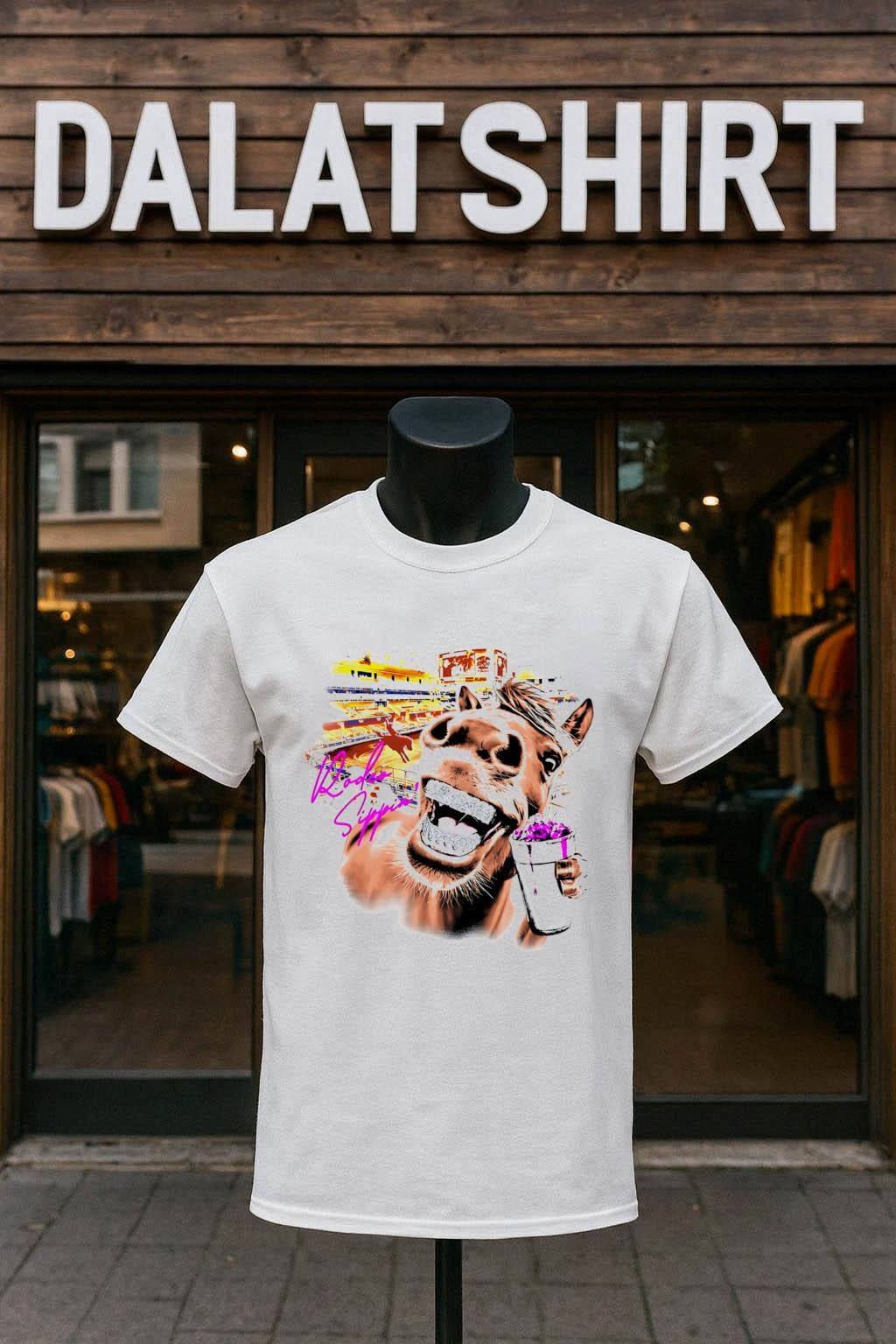 Rodeo Sippin Horse with Diamond Grillz Holding Foam - Adult & Kids T-Shirts, Sweatshirts & Hoodies apparel design preview 1