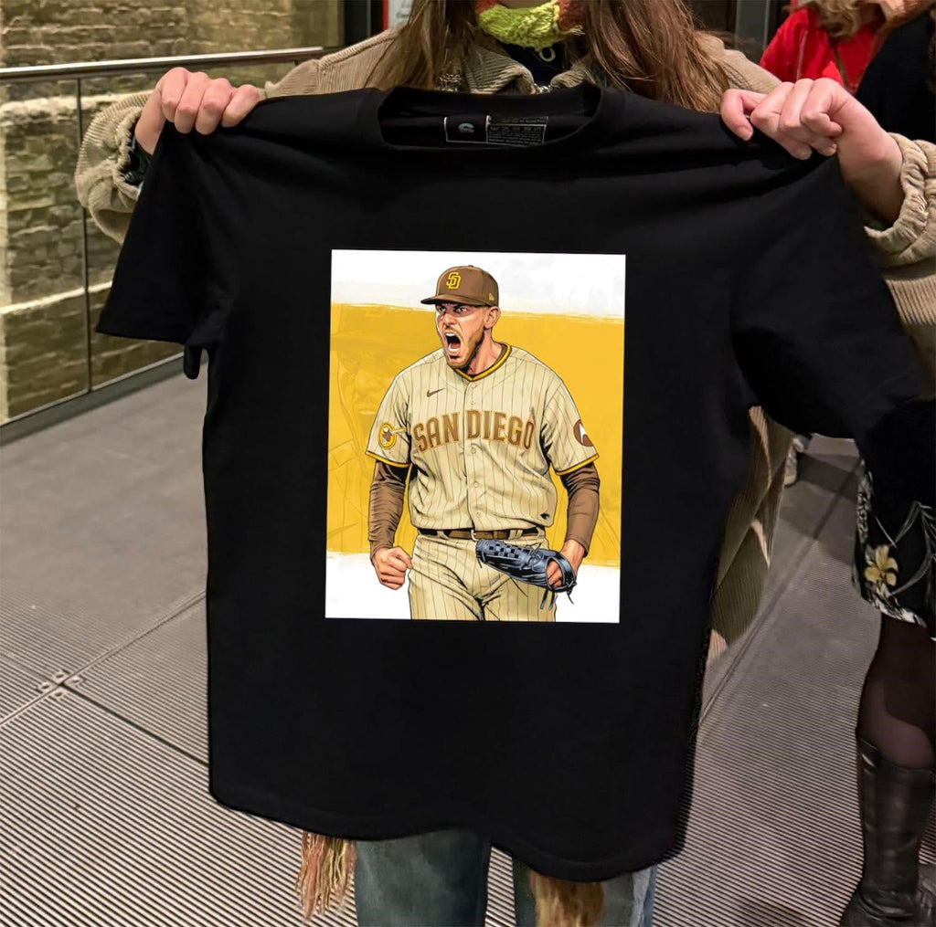 San Diego Padres Joe Musgrove Pitching Baseball - Adult & Kids T-Shirts, Sweatshirts & Hoodies apparel design preview 2