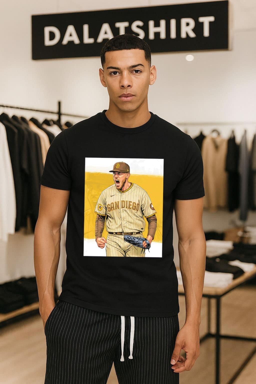 San Diego Padres Joe Musgrove Pitching Baseball - Adult & Kids T-Shirts, Sweatshirts & Hoodies apparel design preview 1