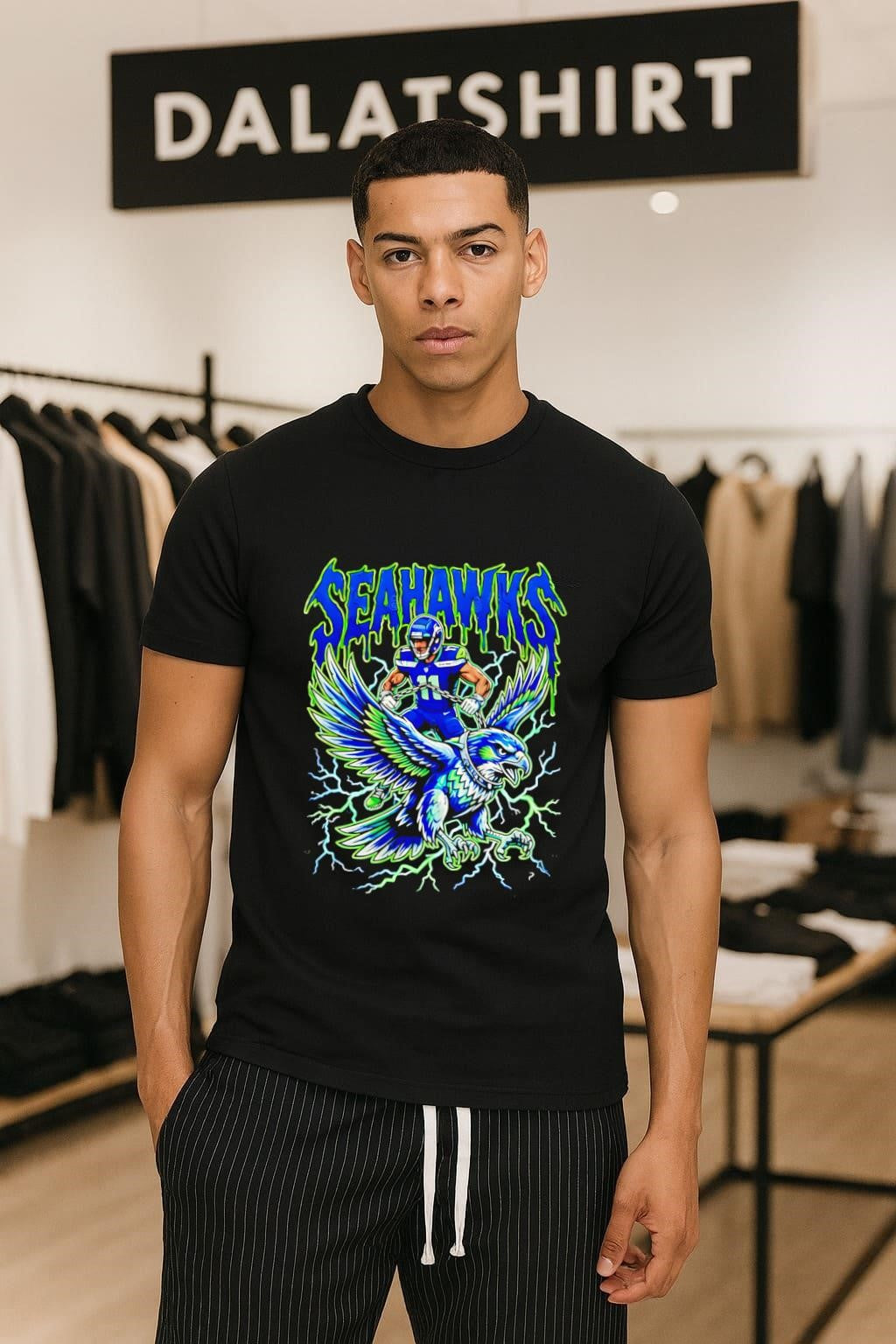 Seahawks Number 11 Riding A Giant Blue Hawk Lightning - Adult & Kids T-Shirts, Sweatshirts & Hoodies apparel design preview 1