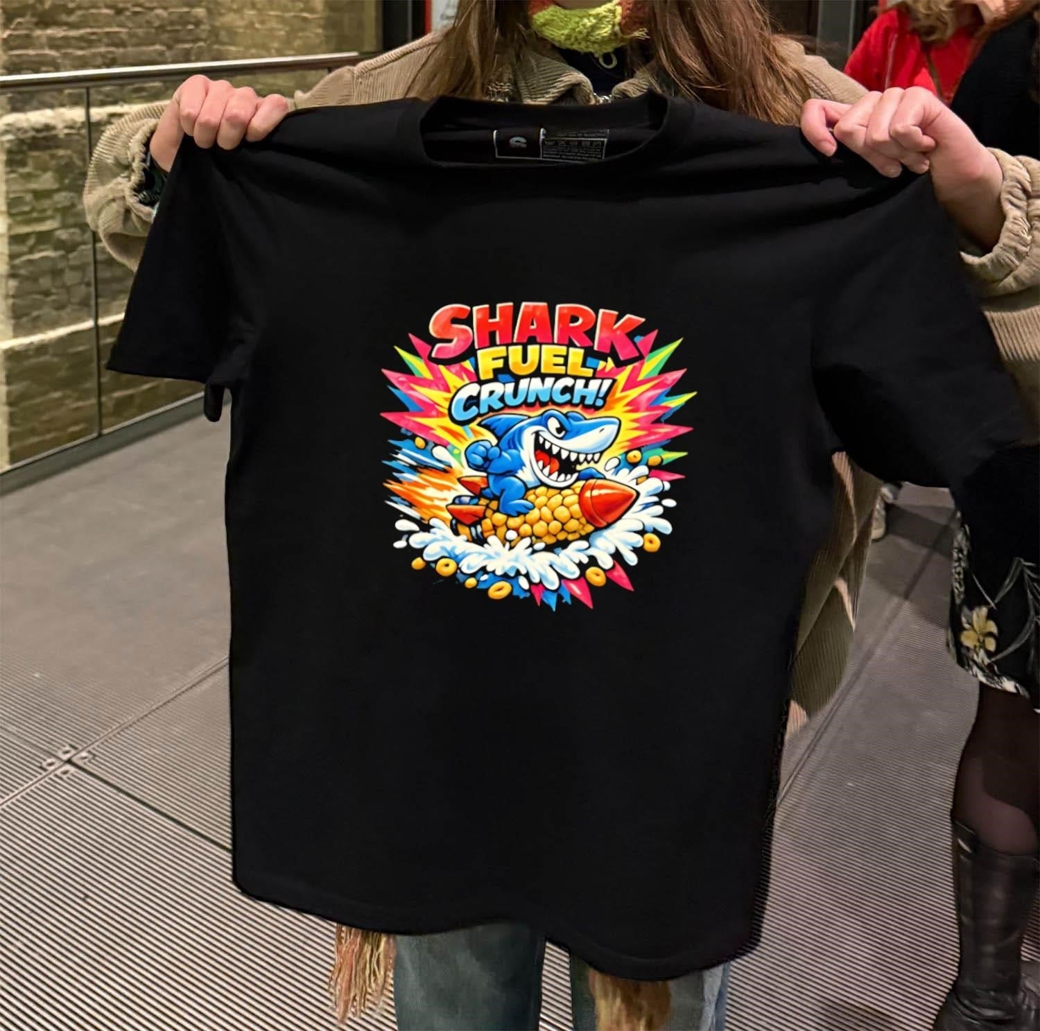 Shark Fuel Crunch blue riding a corn rocket - Adult & Kids T-Shirts, Sweatshirts & Hoodies apparel design preview 2