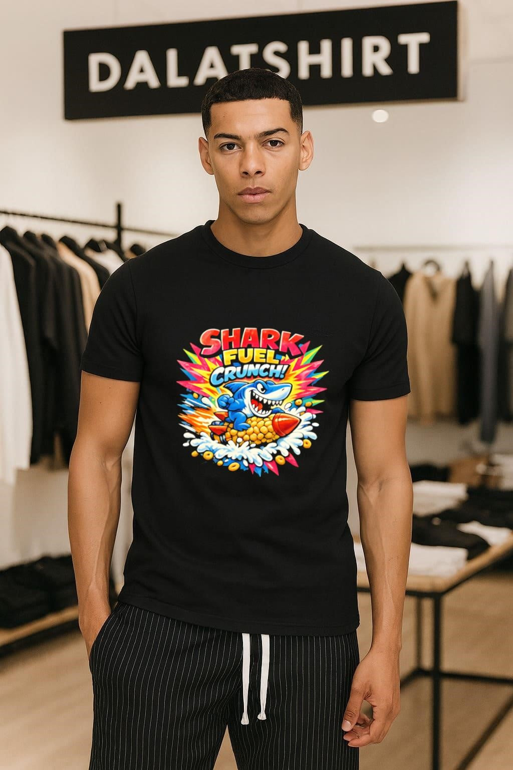 Shark Fuel Crunch blue riding a corn rocket - Adult & Kids T-Shirts, Sweatshirts & Hoodies apparel design preview 1