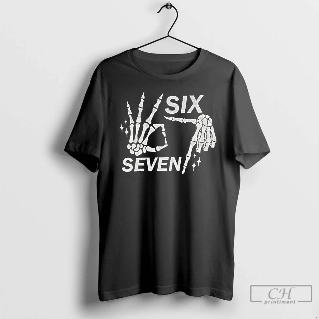 Six Seven 6 7 Meme Funny Skeleton Hands Halloween - Adult & Kids T-Shirts, Sweatshirts & Hoodies apparel design preview 1