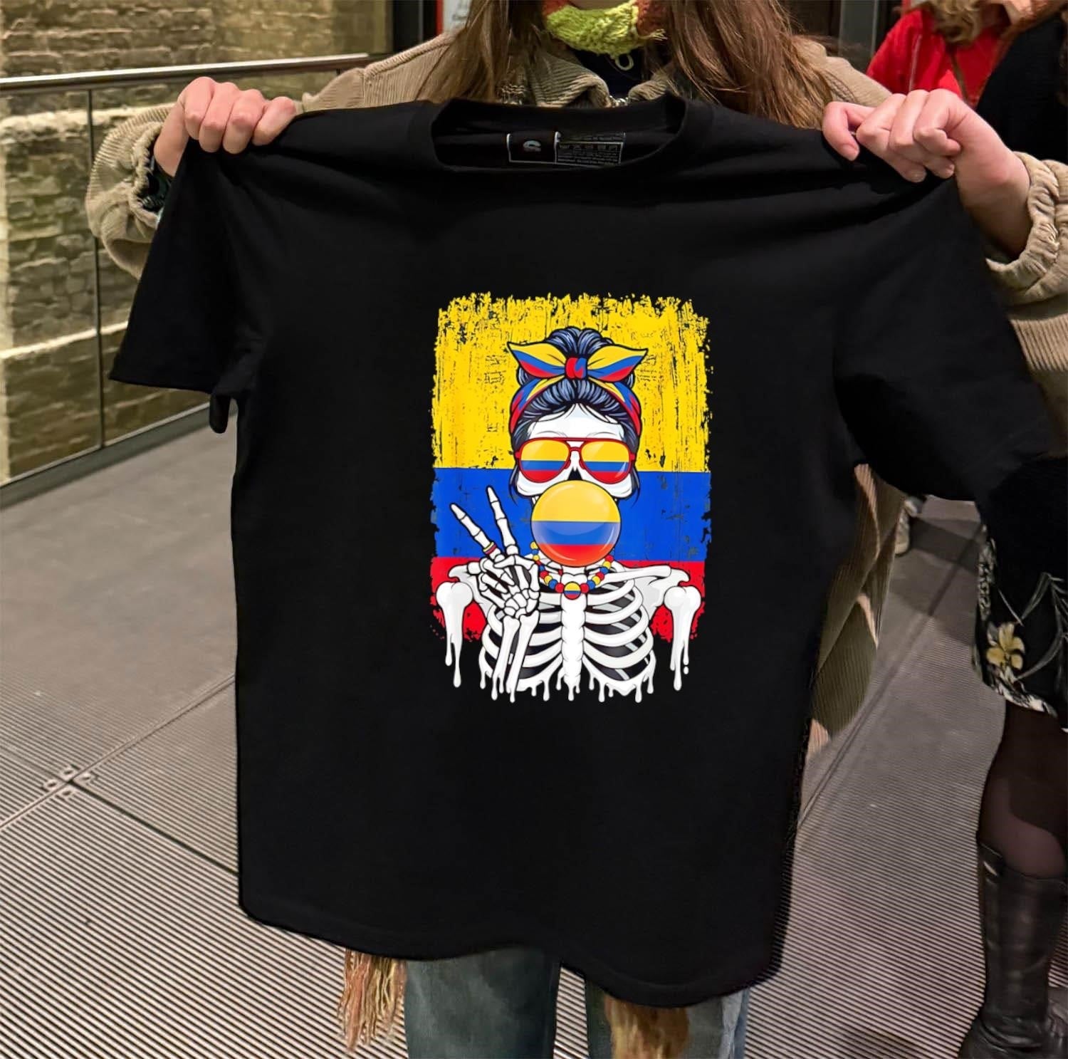 Skeleton Girl Colombia Flag Glasses Peace Sign Bubble - Adult & Kids T-Shirts, Sweatshirts & Hoodies apparel design preview 2