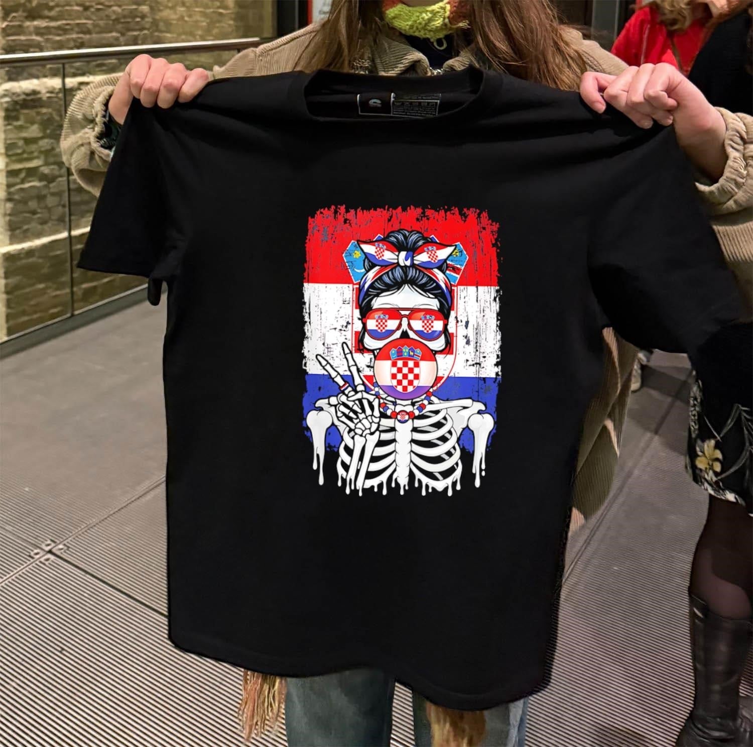 Skeleton Girl Croatia Flag Glasses Peace Sign Bubble - Adult & Kids T-Shirts, Sweatshirts & Hoodies apparel design preview 2