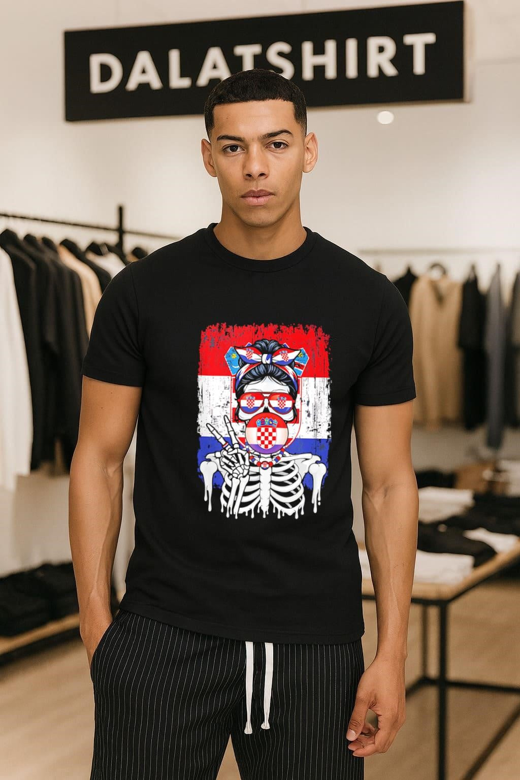 Skeleton Girl Croatia Flag Glasses Peace Sign Bubble - Adult & Kids T-Shirts, Sweatshirts & Hoodies apparel design preview 1