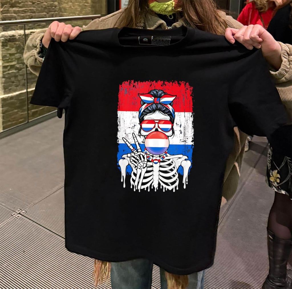 Skeleton Girl Netherlands Flag Glasses Peace Sign - Adult & Kids T-Shirts, Sweatshirts & Hoodies apparel design preview 2