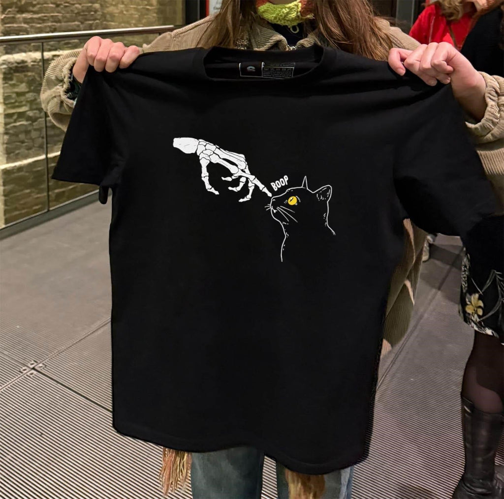 Skeleton hand touching black cat nose - Adult & Kids T-Shirts, Sweatshirts & Hoodies apparel design preview 2