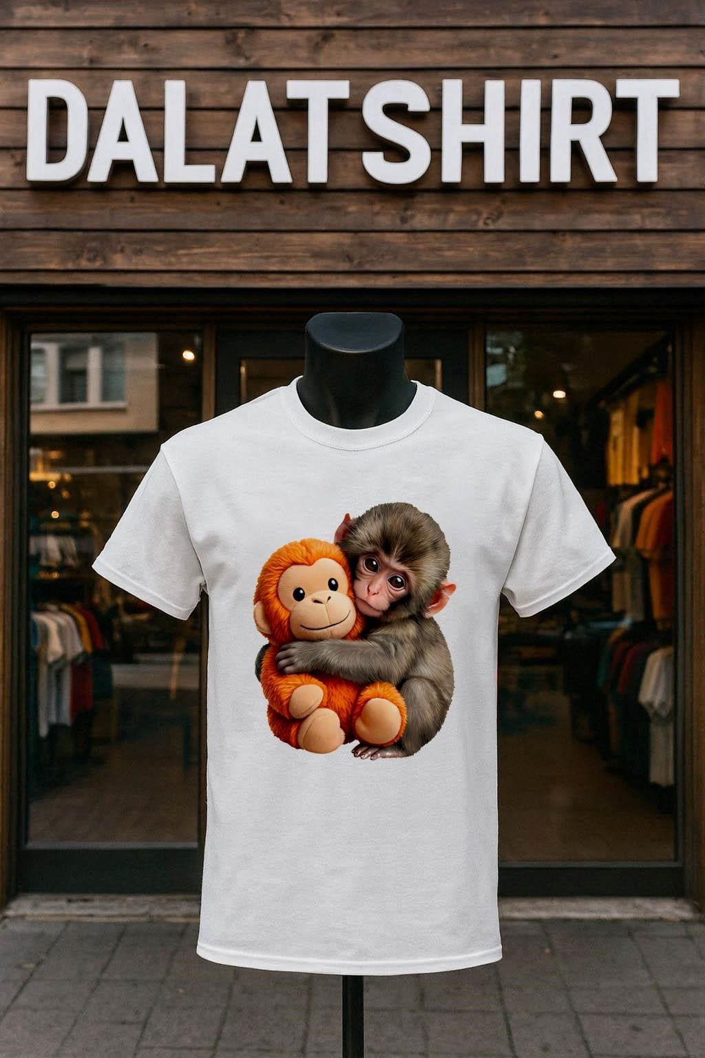 Small Brown Monkey Hugging Orange Stuffed Toy Animal - Adult & Kids T-Shirts, Sweatshirts & Hoodies apparel design preview 1