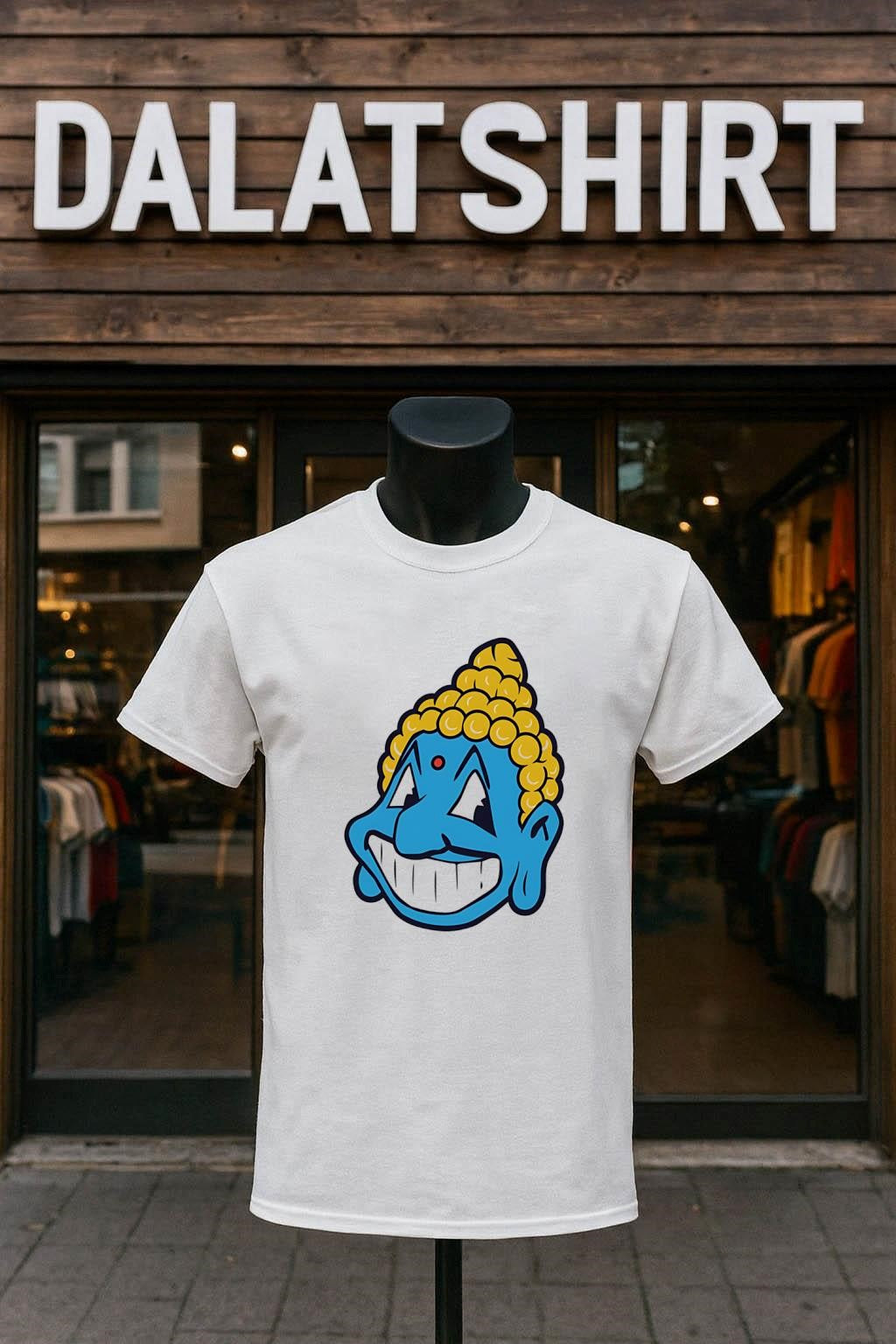 Smiling Blue Buddha Cartoon Mascot - Adult & Kids T-Shirts, Sweatshirts & Hoodies apparel design preview 1
