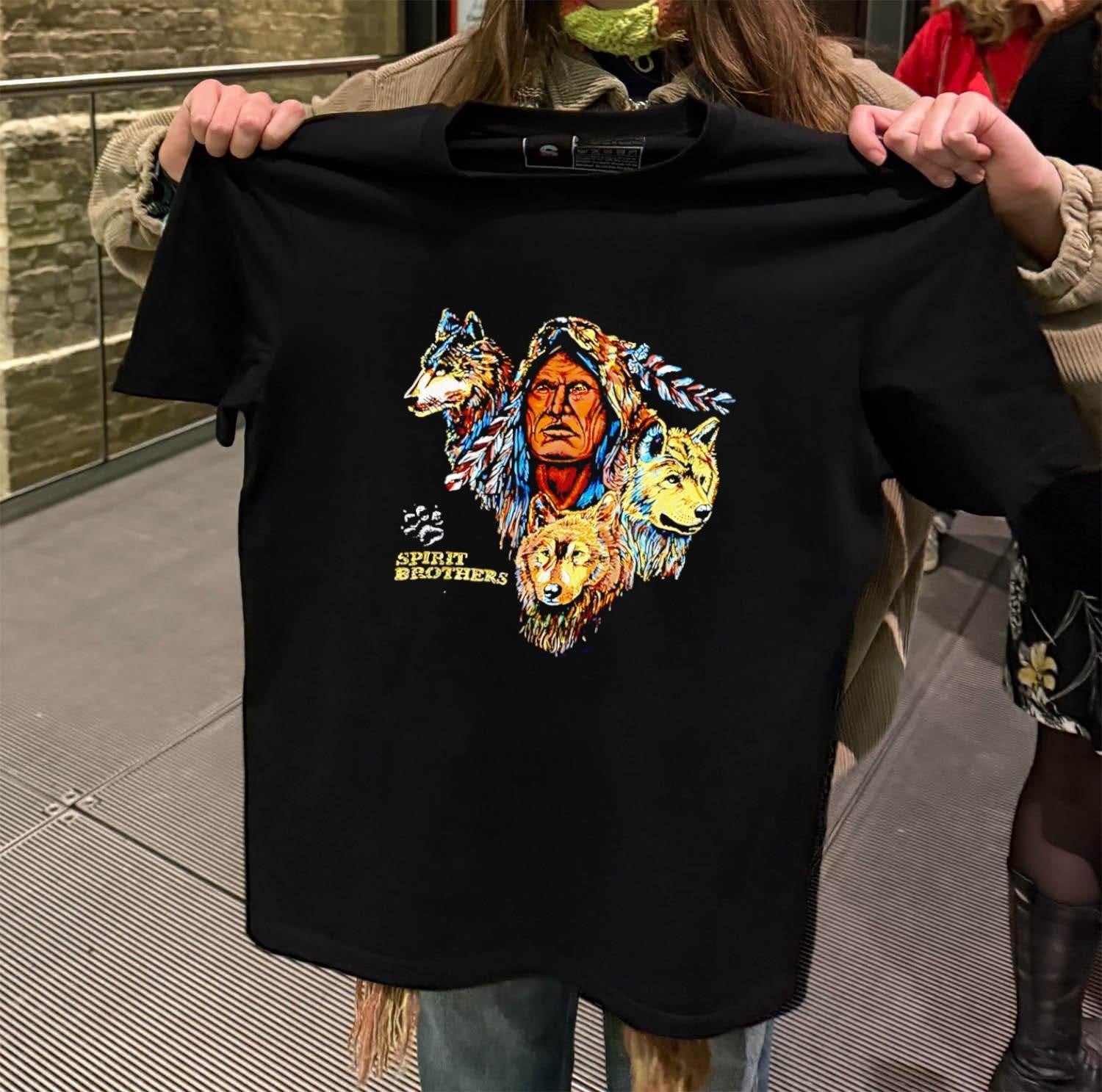 Spirit Brothers Native American Man and Three Wolves - Adult & Kids T-Shirts, Sweatshirts & Hoodies apparel design preview 2