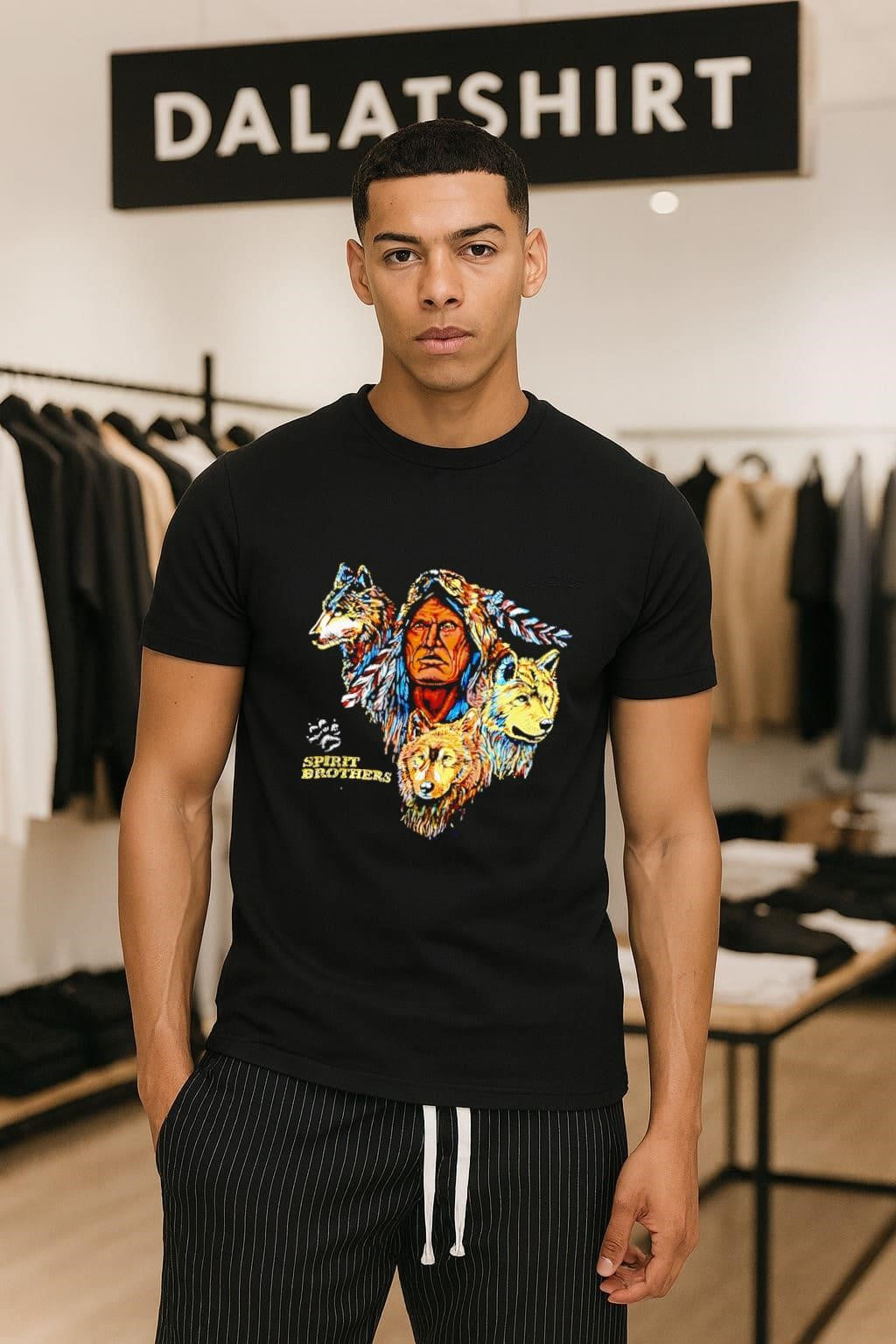 Spirit Brothers Native American Man and Three Wolves - Adult & Kids T-Shirts, Sweatshirts & Hoodies apparel design preview 1
