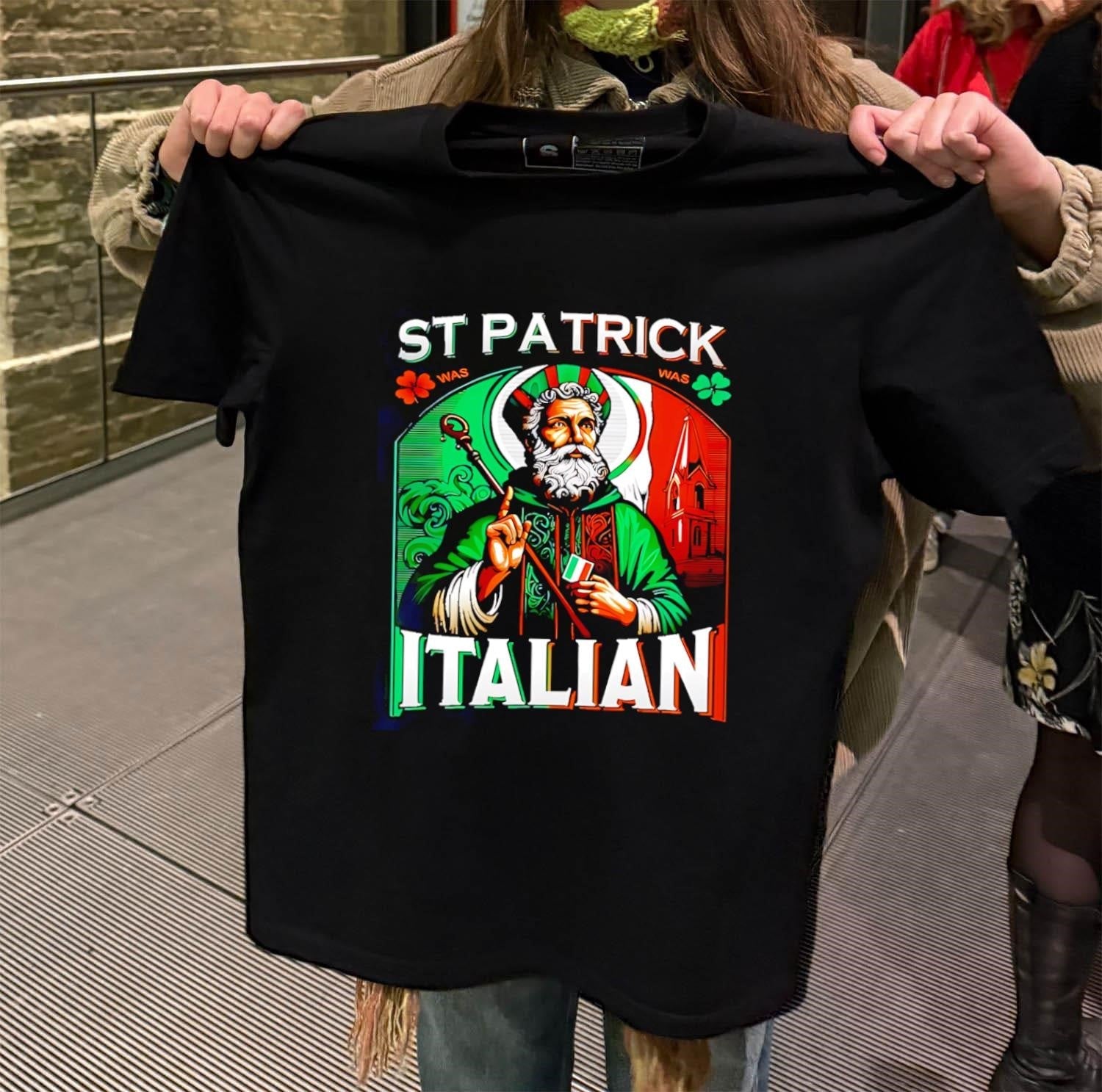 St Patrick Was Italian Saint Holding Flag shamrock - Adult & Kids T-Shirts, Sweatshirts & Hoodies apparel design preview 2