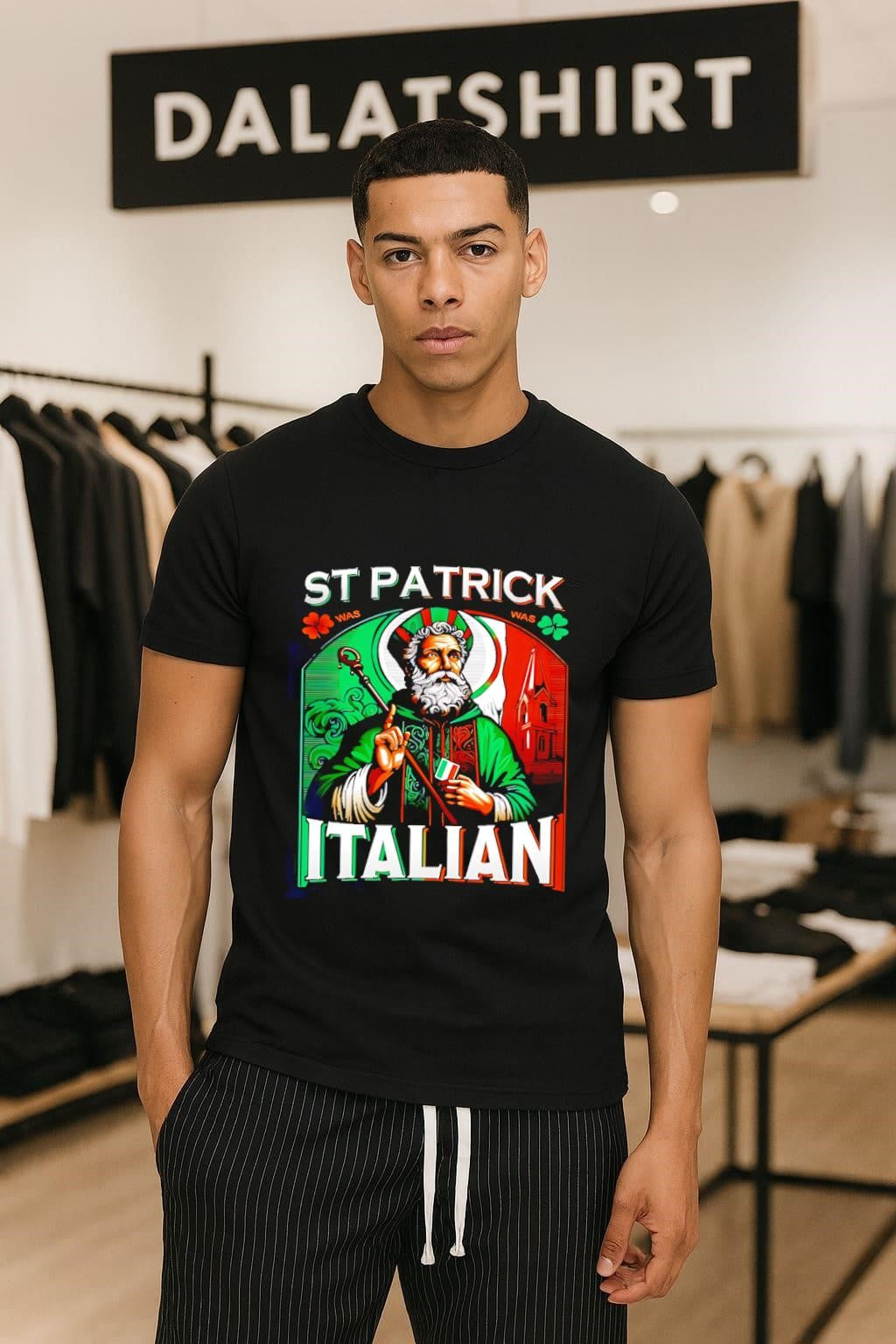 St Patrick Was Italian Saint Holding Flag shamrock - Adult & Kids T-Shirts, Sweatshirts & Hoodies apparel design preview 1