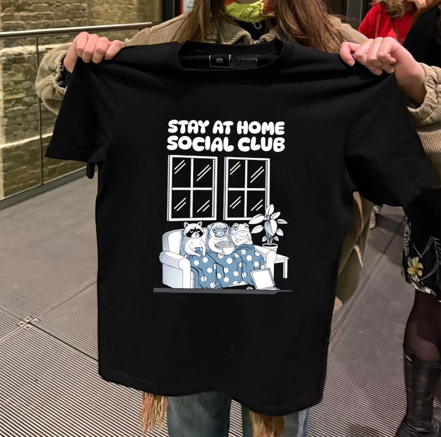 Stay At Home Social Club Raccoon Pug Frog On Sofa - Adult & Kids T-Shirts, Sweatshirts & Hoodies apparel design preview 2